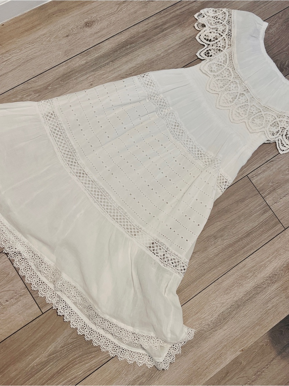 Women's White Eyelet Midi Dress with Lace Trim - perfect for Greece